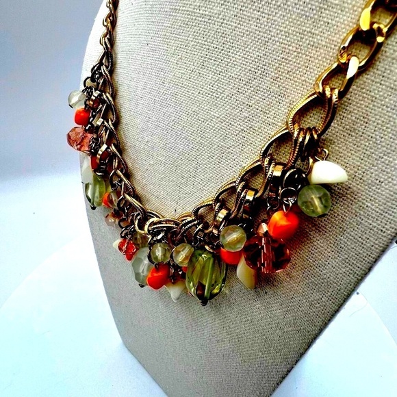 Chunky Gold  Tone Chain  Necklace W/ Colorful Beads & Charms   A48 - Picture 4 of 7